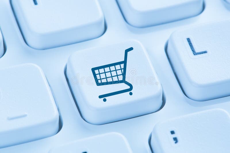 Azul en línea del concepto de la tienda de Internet del comercio electrónico del comercio electrónico de las compras