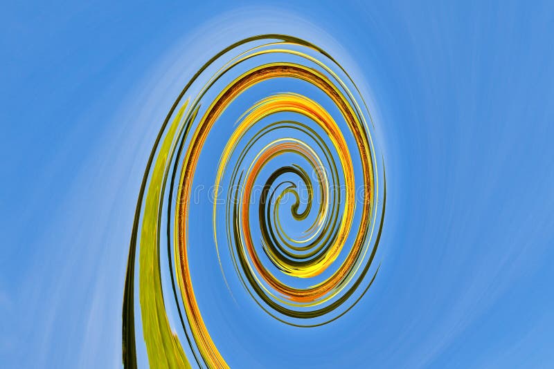 Abstract graphic representation of a gree, yellow amd black coloured spiral on blue background like a sky. The conceptual structure consists of different lights and colours and results in a unique pattern and texture. Abstract graphic representation of a gree, yellow amd black coloured spiral on blue background like a sky. The conceptual structure consists of different lights and colours and results in a unique pattern and texture