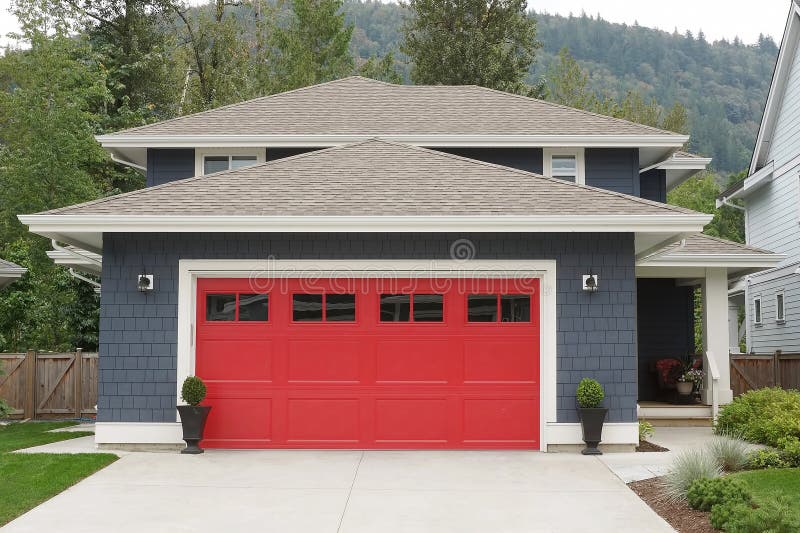 Azul exterior da casa nova com uma elevação brilhante da porta vermelha da garagem