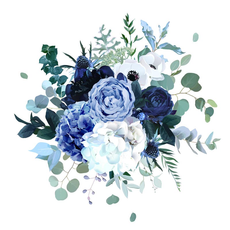 Azul-real, rosa do jardim da Marinha, flores brancas de hydrangea, anêmona, este