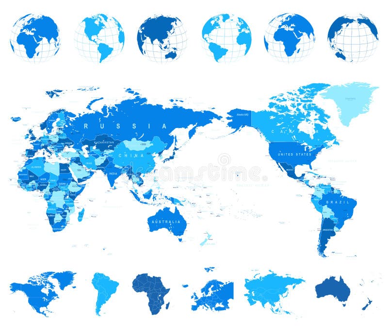 Azul y globos - Asia del mapa del mundo en el centro stock de ilustración Azul y globos - Asia del mapa del mundo en el centro stock de ilustración