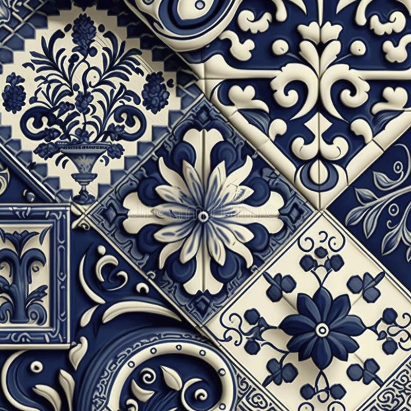 Azulejos pattern, created with generative AI stock illustration