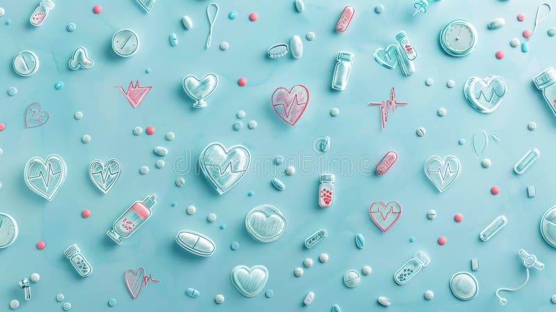 Azure background with heart and pill pattern, symbolizing fluidity and vitality. The azure background is adorned with a pattern of electric blue hearts and pills. This liquid and aquaticthemed design features circles and fluid shapes, reminiscent of a terrestrial plant organism AI generated