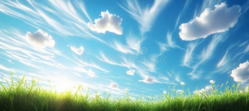 Azure Sky с пушистыми облаками над зеленым полем Транкиль идеально подходит для дневного выхода на природу бесплатная иллюстрация