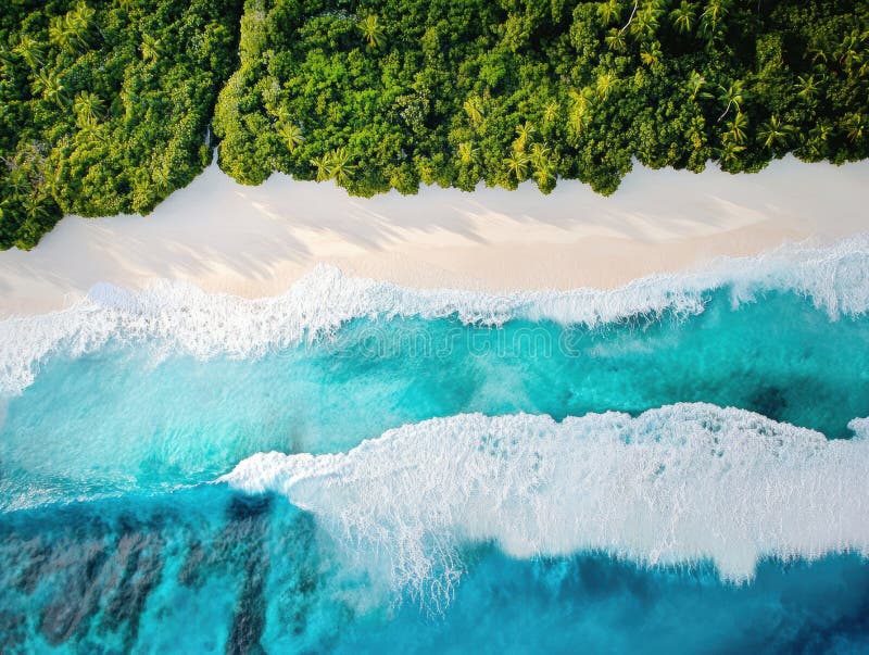 Azure Waves Crashing on White Sand Beach at Tropical Paradise From Above Exotic Destination. royalty free illustration