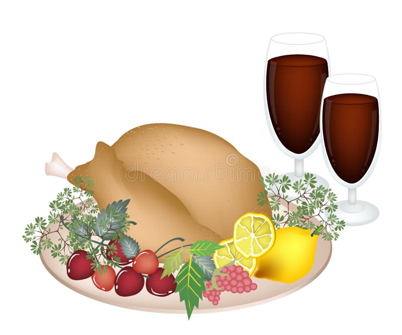 An Illustration of Garnished Roasted Turkey with Berry Fruit, Lemon, Herb and Wine on A Platter for Thanksgiving Holiday Dinner. An Illustration of Garnished Roasted Turkey with Berry Fruit, Lemon, Herb and Wine on A Platter for Thanksgiving Holiday Dinner.