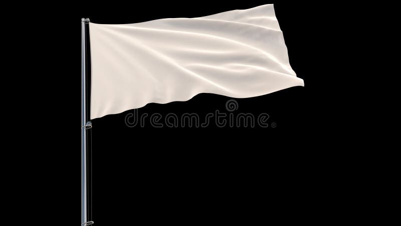Aísle la bandera blanca en una asta de bandera que agita en el viento en un fondo negro, representación 3d