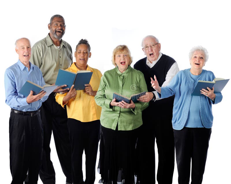 Six happily singing senior adults. On a white background. Six happily singing senior adults. On a white background.