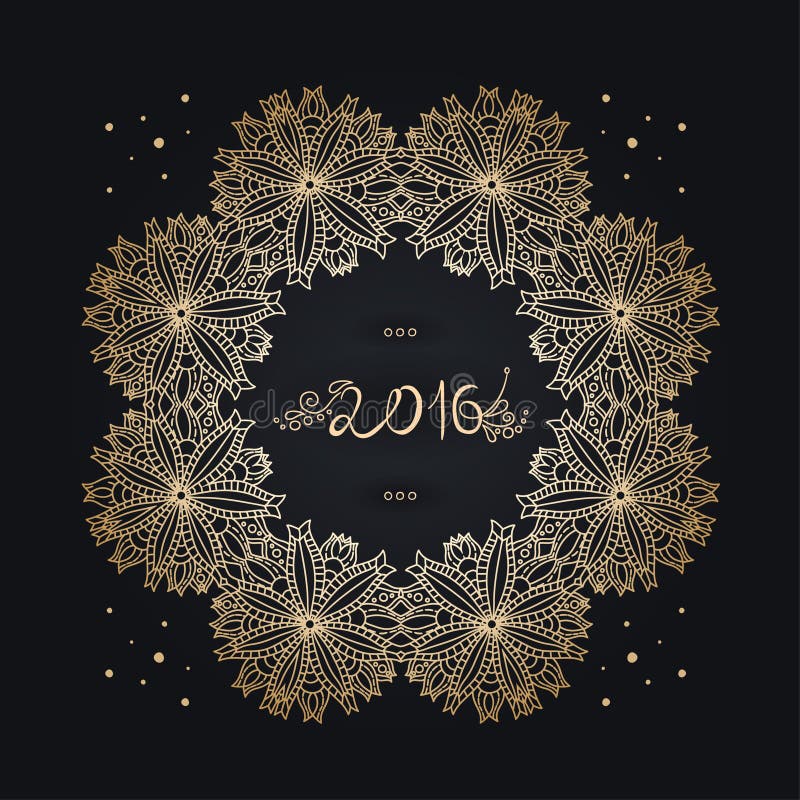 Año Nuevo 2016 vieja inscripción, tex Marco del oro mandala celebre stock de ilustración Año Nuevo 2016 vieja inscripción, tex Marco del oro mandala celebre stock de ilustración