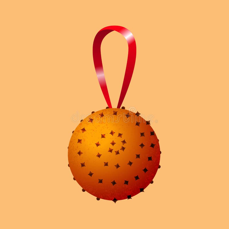 Año Nuevo y decoración y aromatherapy caseros de la Navidad Naranja y clavos, cinta de satén roja para los colgantes Ilustración stock de ilustración Año Nuevo y decoración y aromatherapy caseros de la Navidad Naranja y clavos, cinta de satén roja para los colgantes Ilustración stock de ilustración