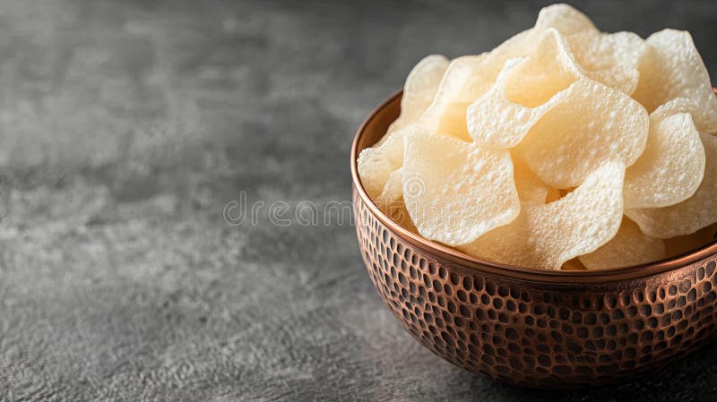 Așchii de cartofi feliați în castronul tradițional de cupru cu iluminare caldă stock photos