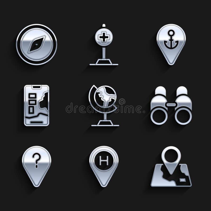 Așezați placa de aterizare a elicopterelor la nivel global cu orar cu binoclu de localizare necunoscut stock illustration