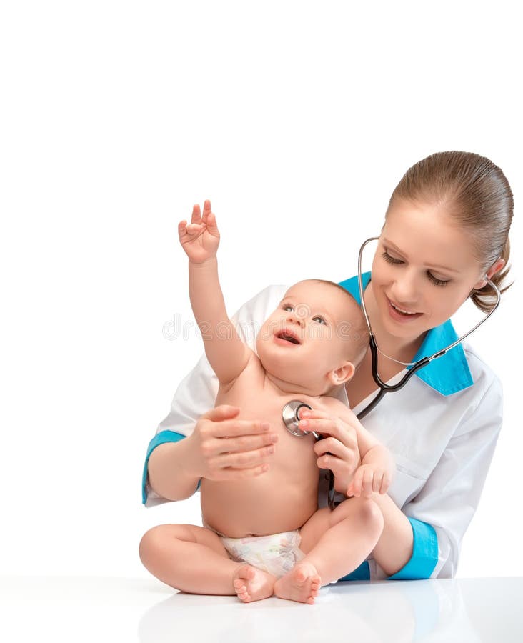 Sticker Bébé et médecin pédiatre. médecin écoute le cœur avec s