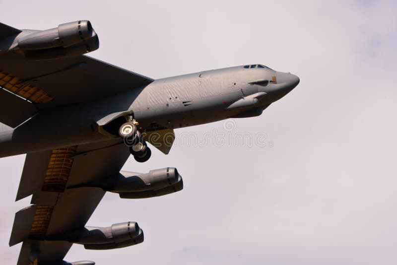 Detail view of USAF long-range B-52 Stratofortress bomber during flight. Detail view of USAF long-range B-52 Stratofortress bomber during flight