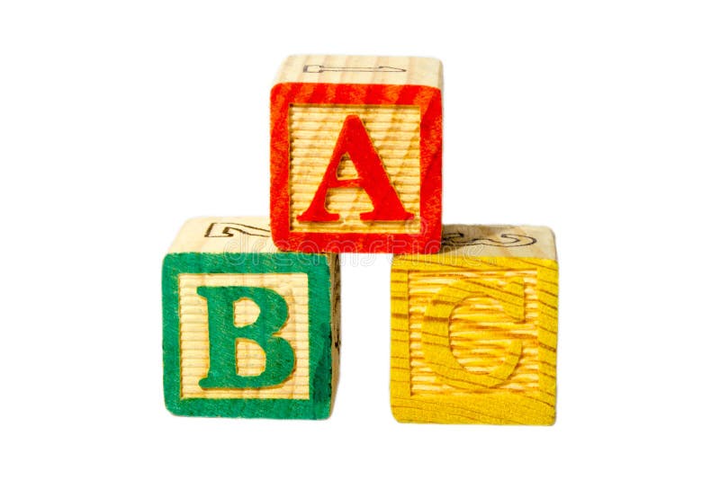 A, B and C wooden alphabet block isolate on a white background called ABC`s blocks uses for play in preschool as a toy