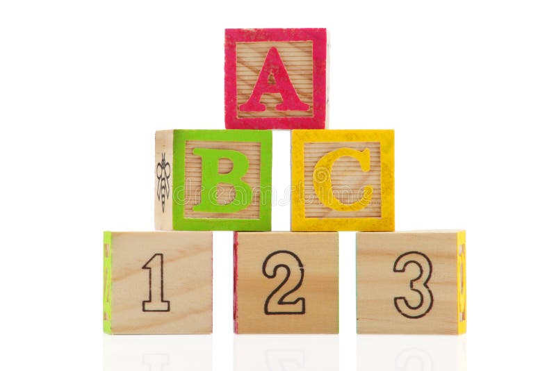 A B C 1 2 3 Wooden blocks on white background.