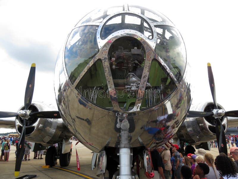 Photo of nose cone of a wwii b29 bomber at andrews air force base in maryland during an air show on 9/16/17. This b29 is propeller driven and was designed to carry heavy ordinance such as the atomic bombs dropped on hiroshima and nagasaki japan. The name of the bomber is doc and is one of two flyable b29 bombers in existence. Photo of nose cone of a wwii b29 bomber at andrews air force base in maryland during an air show on 9/16/17. This b29 is propeller driven and was designed to carry heavy ordinance such as the atomic bombs dropped on hiroshima and nagasaki japan. The name of the bomber is doc and is one of two flyable b29 bombers in existence.