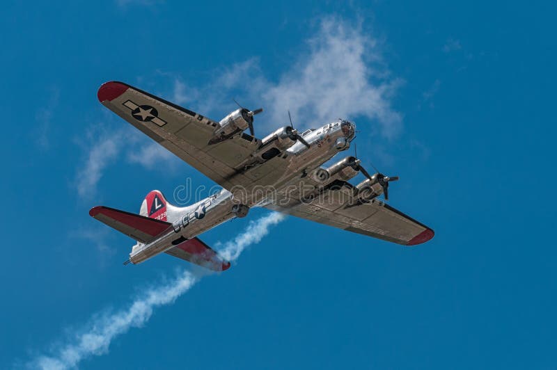 EDEN PRAIRIE, MN - JULY 16 2016: B-17G bomber Yankee Lady flies directly overhead at air show. This B-17 was a Flying Fortress built for use during World War II but never flew in any combat missions.