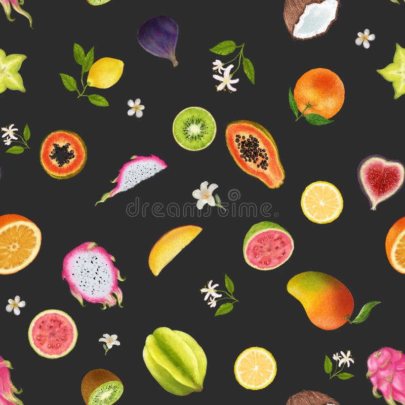 b?r fruktt den tropiska illustrationen S?ml?s modell p? m?rk bakgrund Drakefrukt, kiwi, papaya, carambola, stjärnafrukt, citron, vektor illustrationer b?r fruktt den tropiska illustrationen S?ml?s modell p? m?rk bakgrund Drakefrukt, kiwi, papaya, carambola, stjärnafrukt, citron, vektor illustrationer