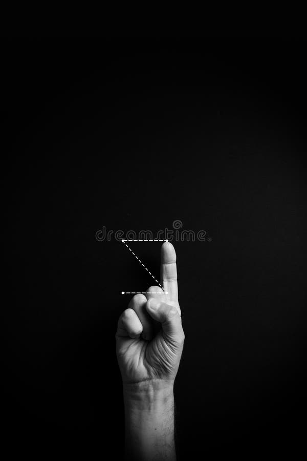 B&W image of hand demonstrating ASL sign language letter Z with empty copy space stock image
