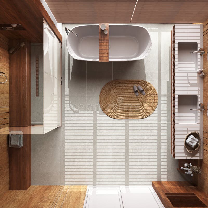 Diseño Interior De Baño Japonés Moderno En Tonos Tierra, Texturas Naturales  Con Muebles De Madera Maciza De Roble Y Puertas Correderas De Madera  Japonesa. Concepto Japonés Fotos, retratos, imágenes y fotografía de