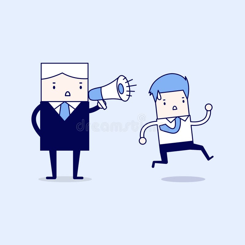 Boss commanding officers into a megaphone. Cartoon character thin line style vector. Boss commanding officers into a megaphone. Cartoon character thin line style vector.