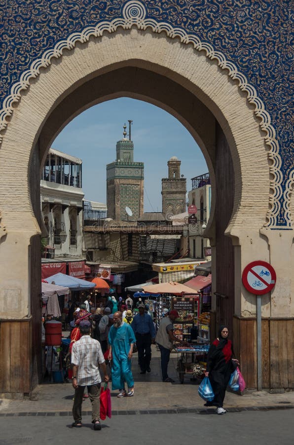Bab Bou Jeloud, the Blue Gate, the main gated entrance to the old UNESCO protected Medina of Fez El Bali, a world heritage. Fez, Morocco - May 9, 2017: Bab Bou stock photo Bab Bou Jeloud, the Blue Gate, the main gated entrance to the old UNESCO protected Medina of Fez El Bali, a world heritage. Fez, Morocco - May 9, 2017: Bab Bou stock photo