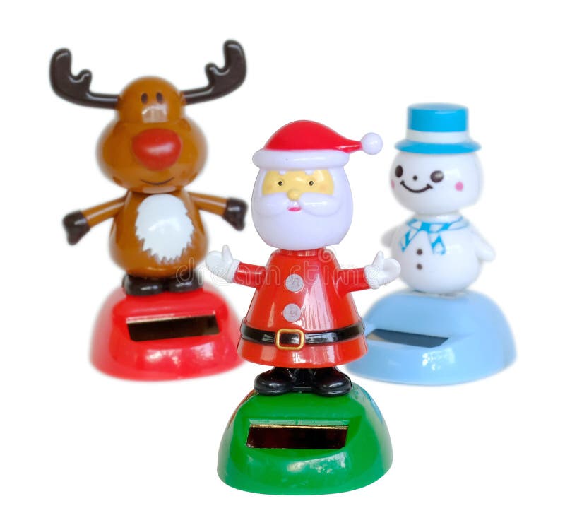 Babbo Natale, raindecente e pupazzo di neve Giocattoli bianchi di fondo Buon Natale fotografie stock libere da diritti Babbo Natale, raindecente e pupazzo di neve Giocattoli bianchi di fondo Buon Natale fotografie stock libere da diritti