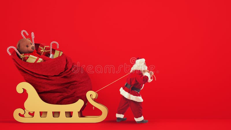 Babbo Natale trascina un sacco pieno di regali con una slitta dorata su sfondo rosso immagini stock Babbo Natale trascina un sacco pieno di regali con una slitta dorata su sfondo rosso immagini stock