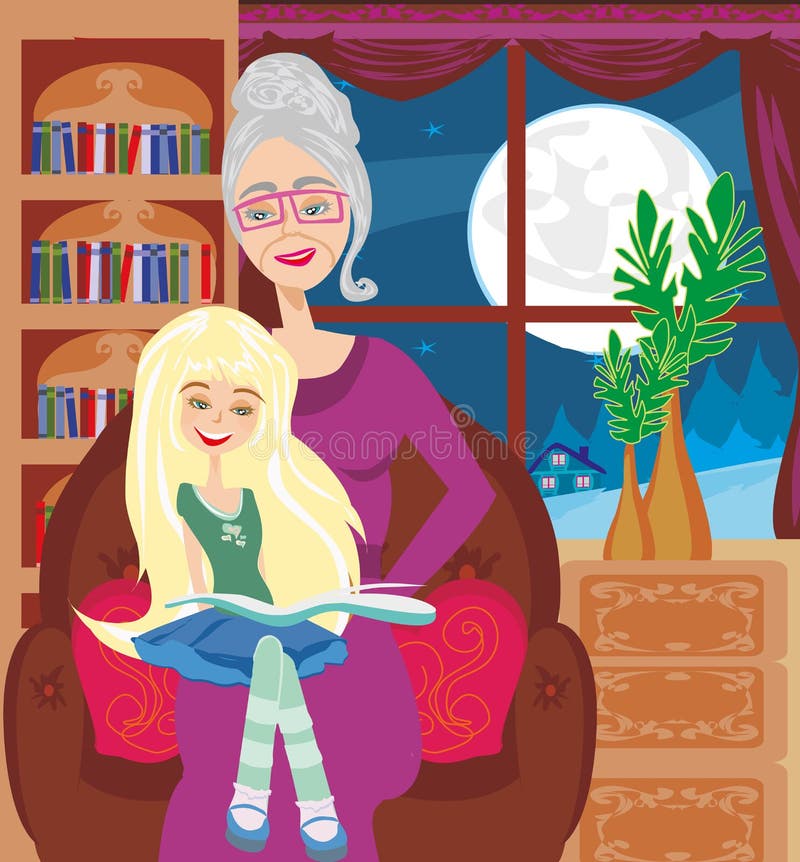 Babcia czyta książkę jej wnuczka ilustracji Babcia czyta książkę jej wnuczka ilustracji