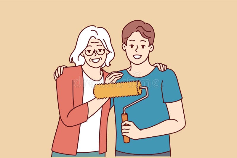 Babcia przytulająca wnuka robiąca naprawy i używająca rolki do malowania ścian w mieszkaniu ilustracji