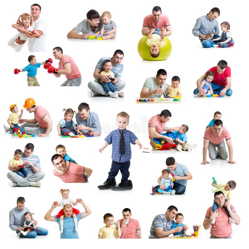 Babies and kids collage with dads. Paternity and fatherhood con