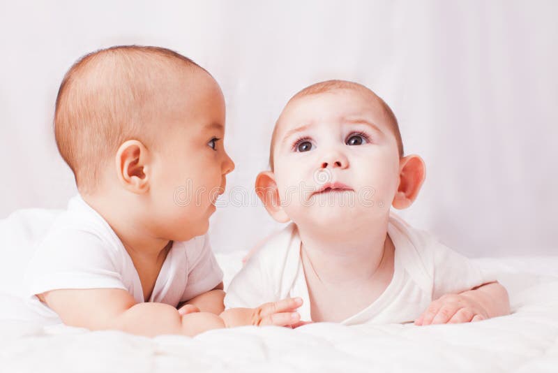 Two Babies Talking on White Background Stock Photo Image of newborn