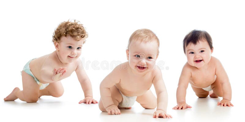 Babies wearing diaper crawling on floor