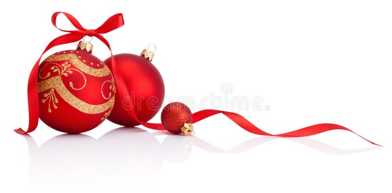 Babioles rouges de décoration de Noël avec l'arc de ruban d'isolement