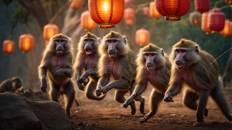 Babuin jucăuși alergând spre lanterne iluminate la amurg. Grup de babuini alergând jucăuș spre lanterne roșii strălucitoare în timpul orei de aur. Scenă captivantă din viața sălbatică, cu iluminare caldă și culori vibrante.