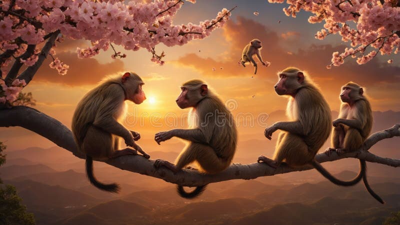 Babuinii de Aur la Sucursala din Sunset cu Cherry Blossoms vector illustration
