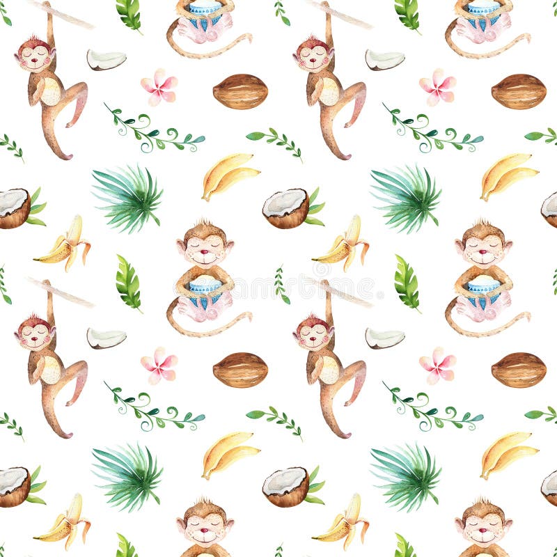 Baby animals nursery isolated seamless pattern. Watercolor boho tropical drawing, child tropical drawing cute monkey and