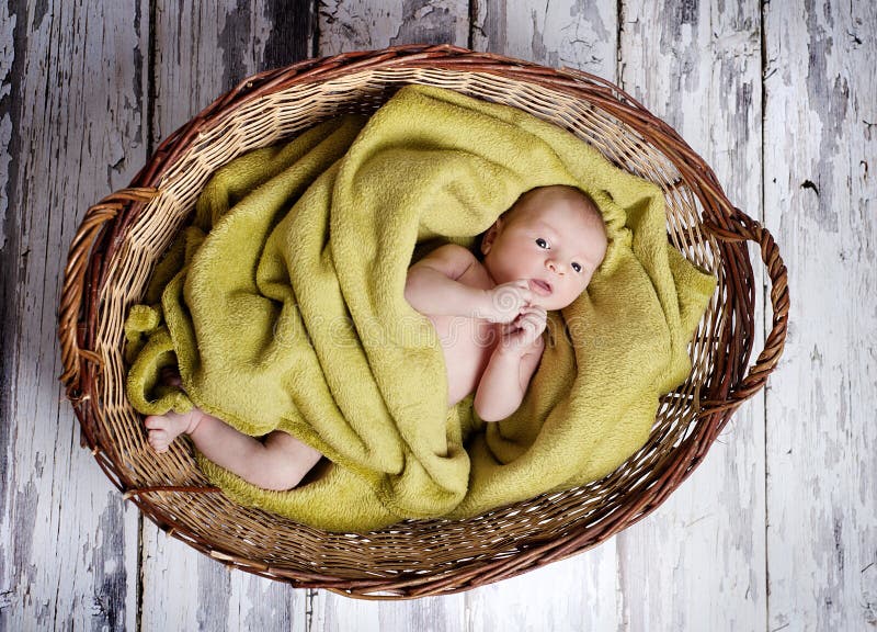 Newborn Baby in Woolen Green Hat Inside Basket Stock Image Image of