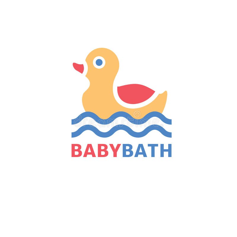 Baby bath logo. Yellow rubber duck on blue linear waves. Vector symbol of baby shower isolated on white. Colorful sign in cartoon