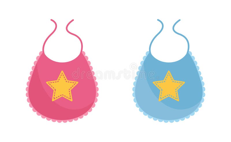 Baby bib vector illustration set - pink and blue newborn wearing decorated with yellow star.