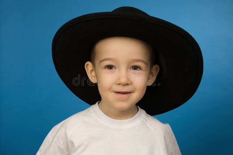 Caucasian Baby Boy Big Black Hat Isolated Stock Photos Free & Royalty