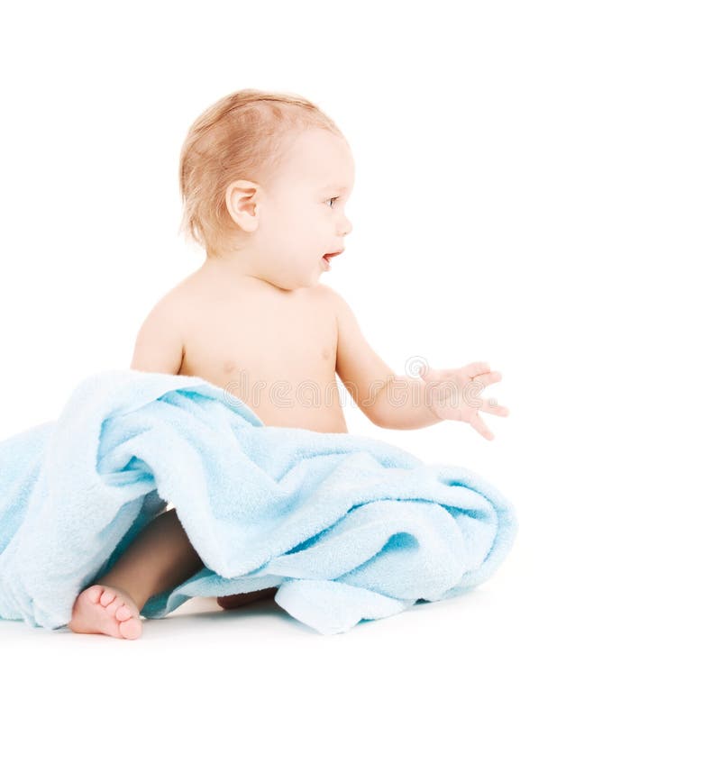 Baby with blue towel stock photo. Image of good, little 40517214