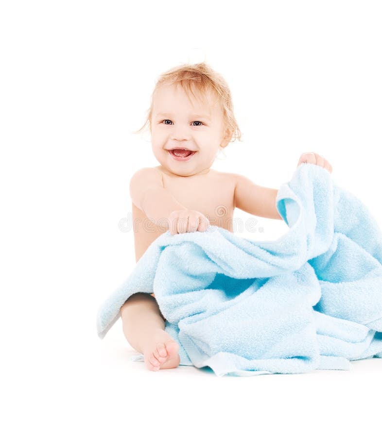 Baby with blue towel stock photo. Image of good, little 40517214