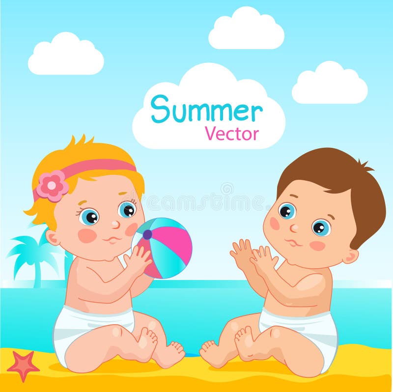 Baby Boy And Baby Girl On The Beach Vector Illustration. Little Baby Play The Ball On The Beach.