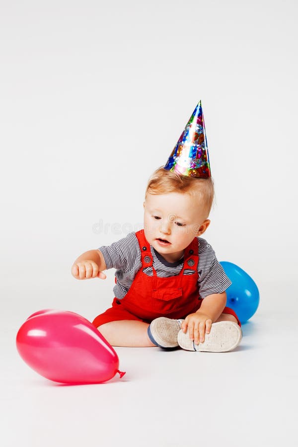 Baby Birthday Boy with Balloons Stock Image - Image of background, foam ...