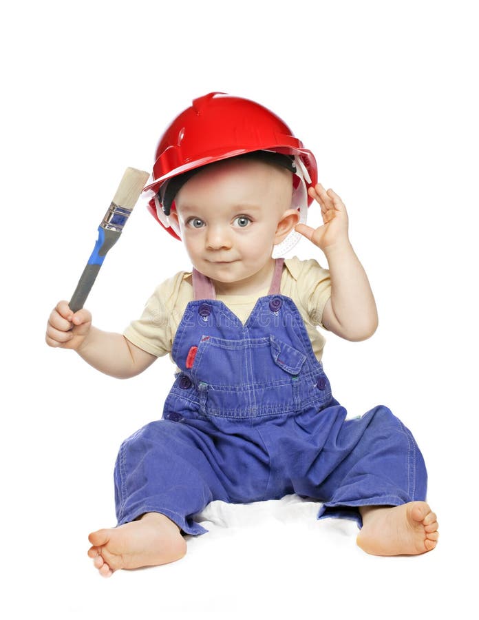 Baby boy in a builder dress