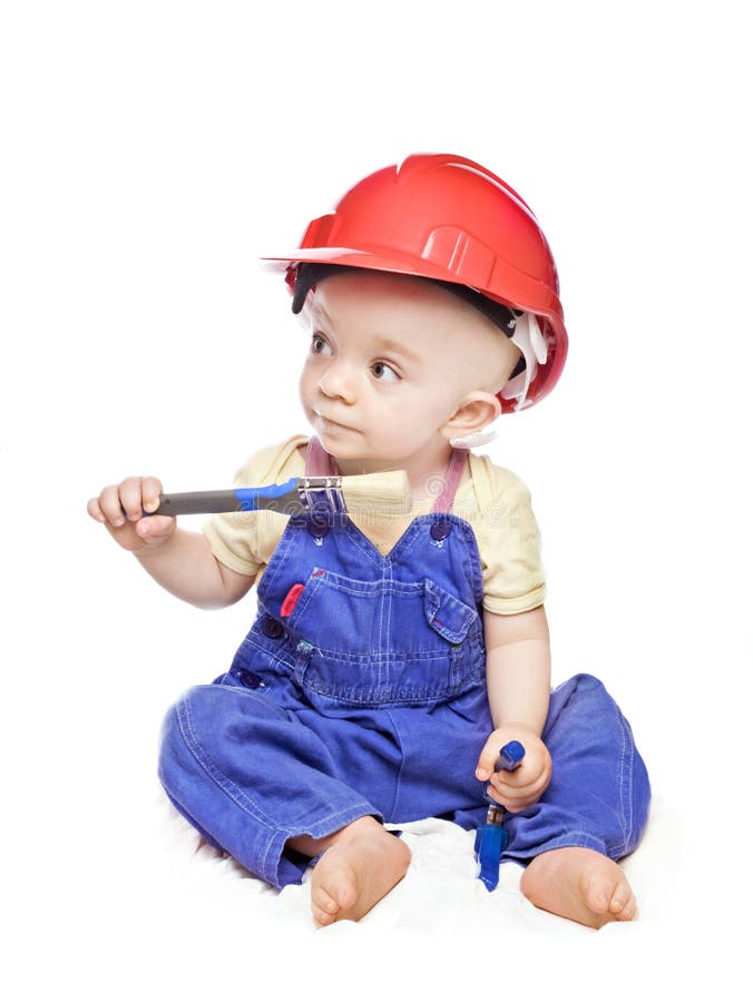 Baby boy in a builder dress