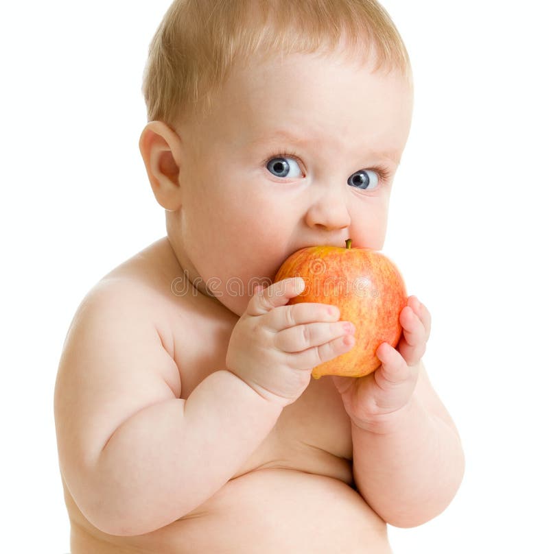 Baby boy eating healthy food isolated