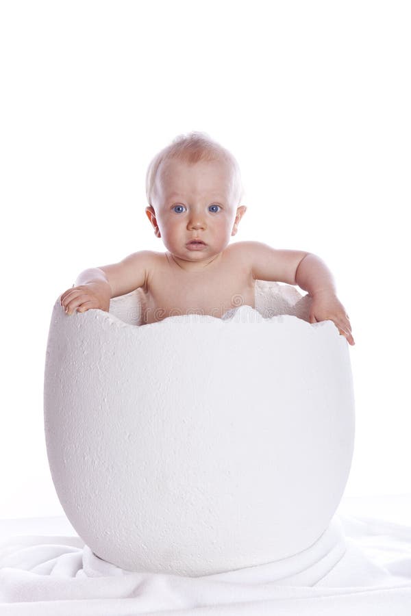 Baby boy in egg on white